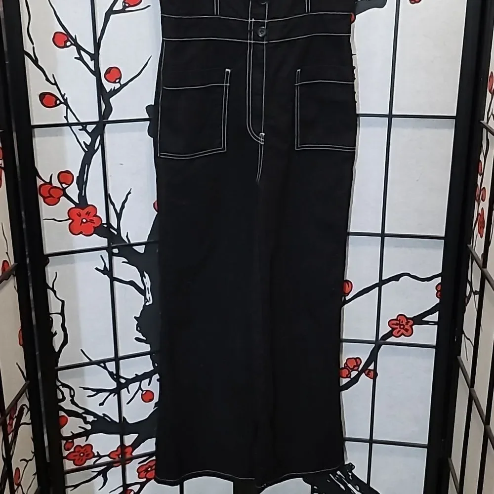 REFORMATION Black White Square Amory Top Stitching Overalls